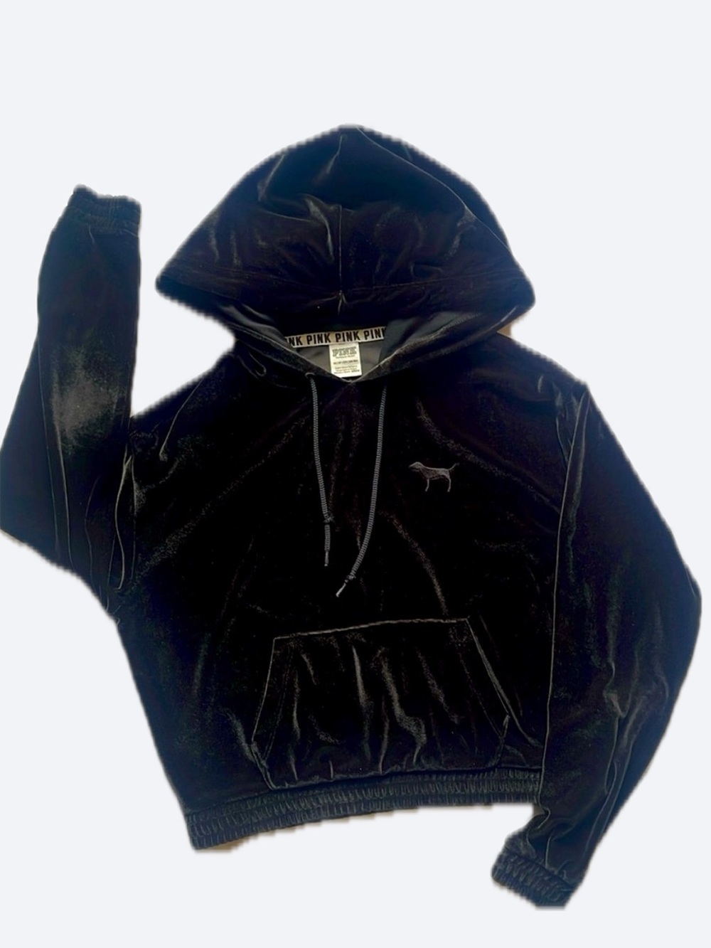 Victorias Secret Black Velvet Hoodie Black Logo Cropped Kangaroo Pocket XS